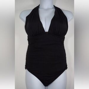 Victoria's Secret Black Ruched Halter Top One Piece Swim Suit XL Slimming New